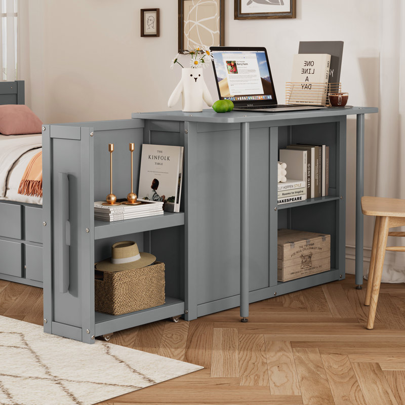Twin Size Jin with Desk, Storage Shelf, Trundle and 3 Drawers, Gray