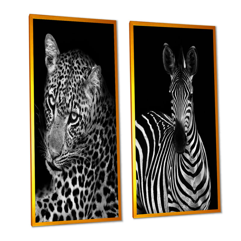 Leopard en noir et blanc II - ensemble de 2 reproductions sur toile, H 20 po x l 24 po x P 1 po, Cadre photo doré