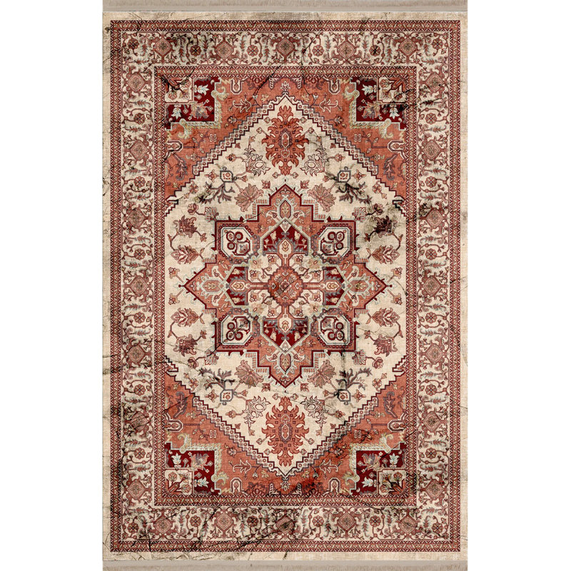 Tapis décoratif rouge à motif traditionnel rouge et beige, Rectangle 3 pi 11,24 po x 5 pi 10,87 po