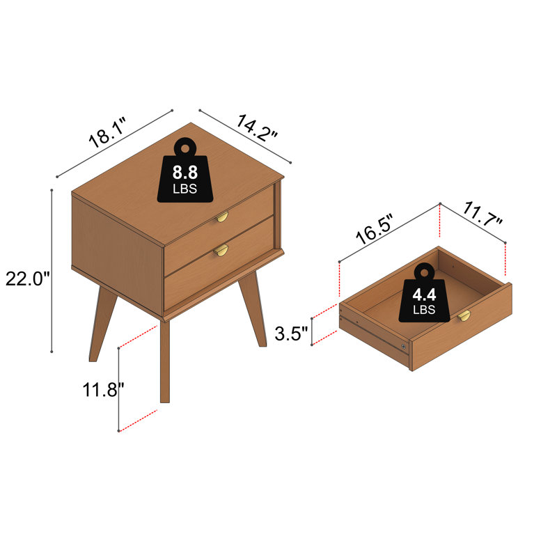  Revalo 18.1"W Mid-Century 2 Drawer Nightstand (Set Of 2), Orange