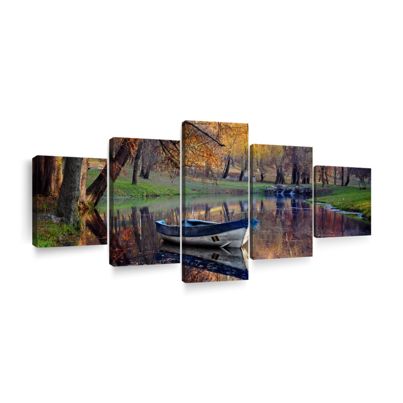 «Autumn Lake Boat Wall Art», ensemble de 5 pièces sur toile, H 24 po x l 55 po