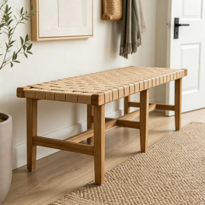 Banc de chambre en bois d'acacia avec siège en similicuir tissé
