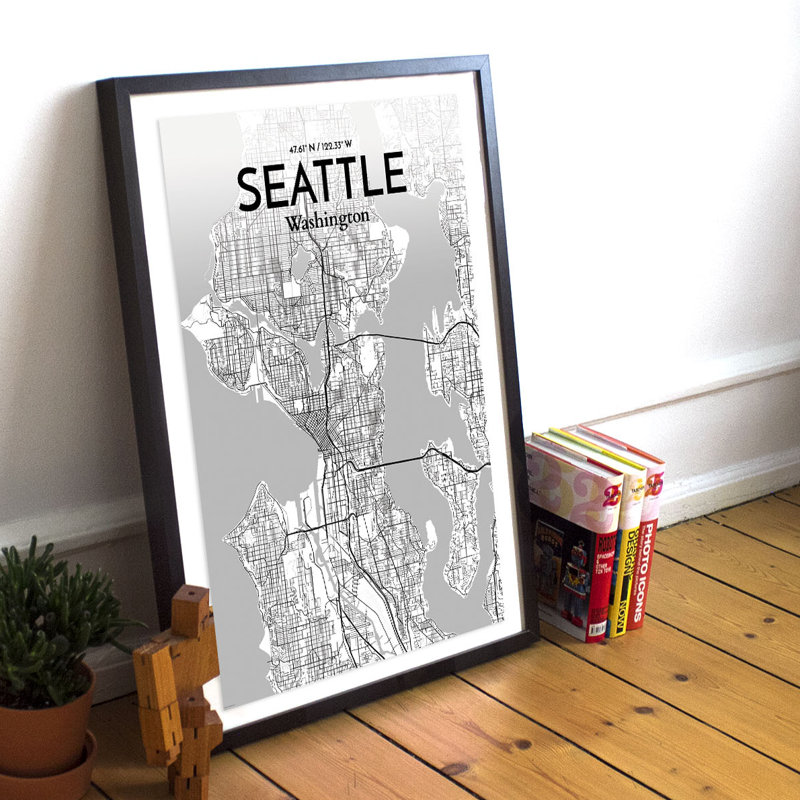 « seattle city map », reproduction d’impression sur affiche en tons, H 36 po x l 24 po x P 0,05 po