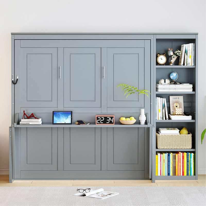 Grand lit escamotable avec bureau et bibliothèque, Grey