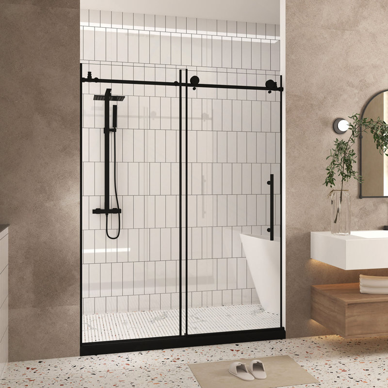 Frameless Shower Door 56-60 "W, 1/4 "(6 Mm) Clear Tempered Glass, Explosion Proof Film, Stainless Steel Handle, Matte Black