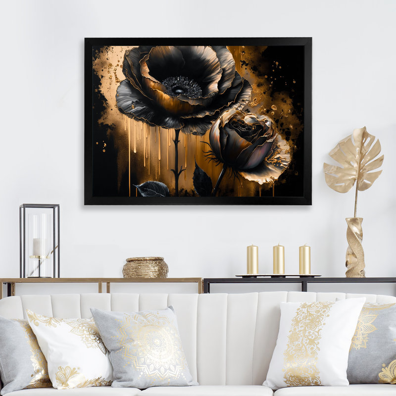 Fleurs de coquelicot noires et dorées II - coquelicot, Impression noire sur toile encadrée, H 12 po x l 20 po x P 1 po