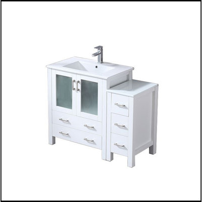 Meuble-lavabo simple 18,25 po D, avec armoire latérale, plateau en céramique blanche et robinet