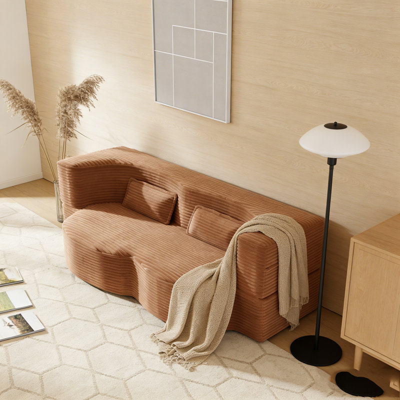 Modern Floor Sofa with 2 Pillows, Orange, Corduroy