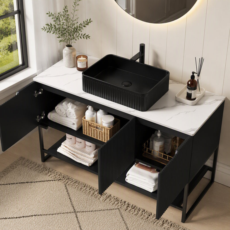 Meuble-lavabo autoportant 48 po avec comptoir en pierre frittée et lavabo en céramique, armoire de rangement à 3 portes et tablette ouverte, mobilier de salle de bain romantique français
