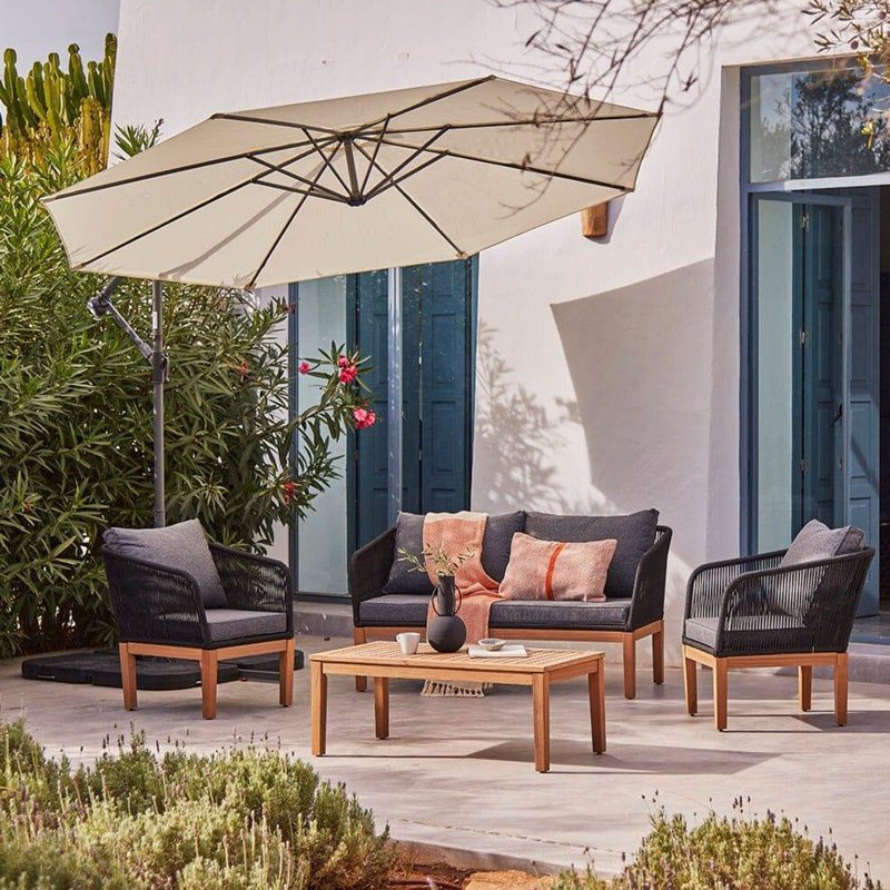 Alzamora Rope Conversation Set - Natural, Black with Cream Umbrella