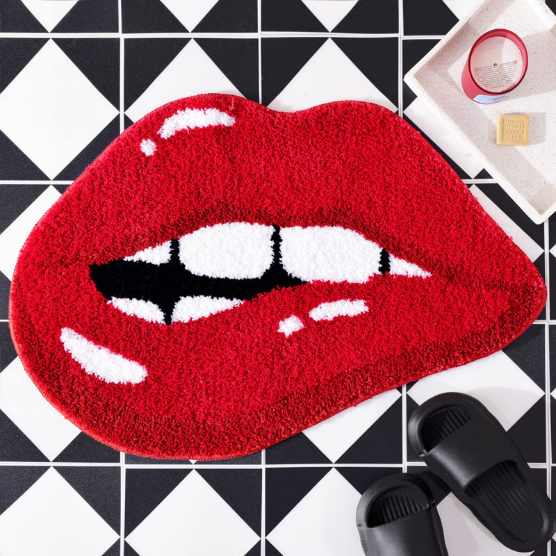  Red Lips Bathroom Rug, Cute Funny Biting Lips Shaped Bath Mat, Non Slip Absorbent Bathtub Rug Plush Shower Rugs, Bite Lip