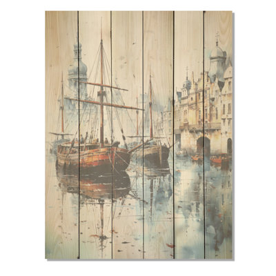 1900S Bateau d'expédition au port - art mural en bois de port côtier sur bois de pin naturel