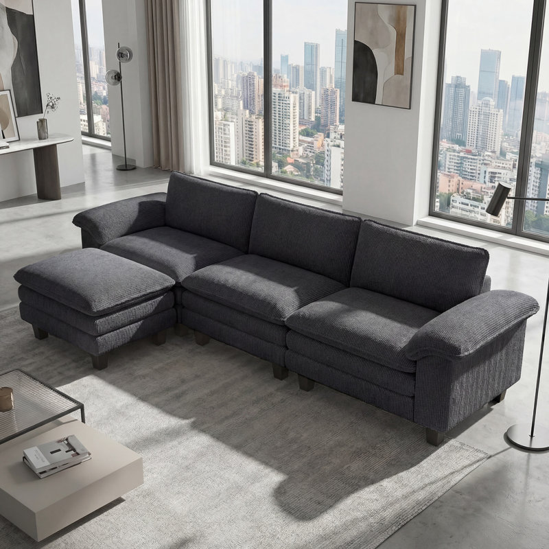 Sectional Sofa, L Shaped Couch with Deep Seat, Ottoman, Dark Grey,wood, Dark Gray