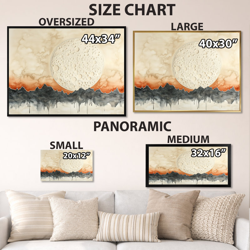 «Moon of Quiet Reflection I - Beige japonais», art mural sur toile, Encadrement argenté, 16" H x 32" W