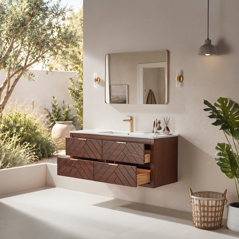 Ensemble de meuble-lavabo mural 48 po, flottant, fixé au mur avec céramique à un trou intégré