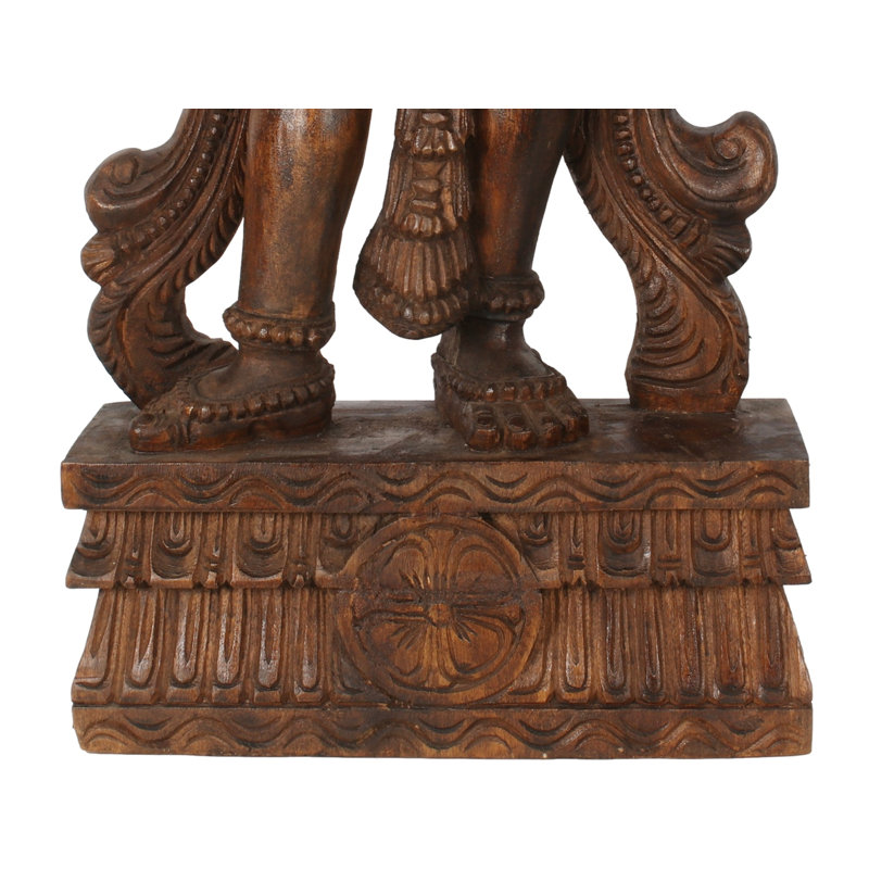 South Indian Temple Wood Apsara Sculpture, 36 in. Height     Khajuraho-Inspired Carved Decor for Foyer & Living Room