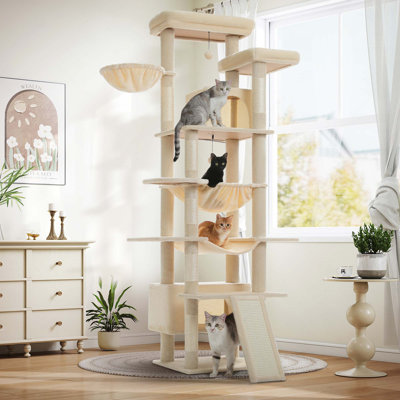 Arbre à chat de 81 pouces de hauteur pour chats d'intérieur - Grand adulte - Tour pour chat multi-niveaux avec grand hamac à structure métallique, rampe 2 en 1, 2 perchoirs, 2 condos confortables et 6 poteaux à griffes