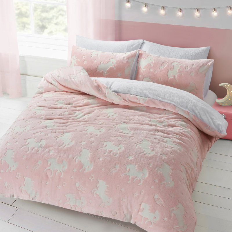 Velosso Glow In The Dark Cosy Teddy Soft Unicorn Pink Duvet Set, 200cm L x 200cm W