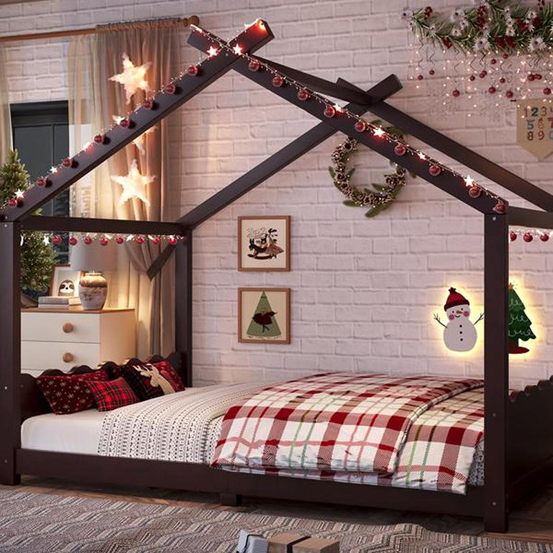 Full House Floor Bed With Support Slats, Solid Wood House Bed Frame For Kids, No Box Spring Needed And Opening Constructure, Espresso