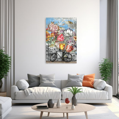 Vélo urbain avec tulipes colorées, rétro, abstrait, papillon, tulipe, ville, impression murale