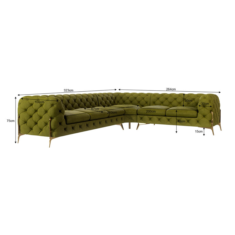 Chesterfield Corner Sofa L-Shape  with Gold Metal Legs, Olive, Left Hand Facing