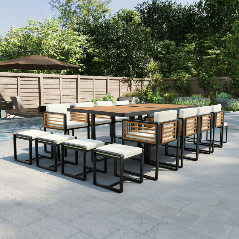 Ensemble de patio 18 pièces en bois d'acacia avec coussins - salle à manger pour 8 personnes, Beige