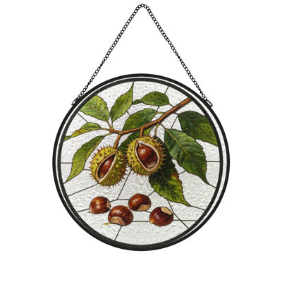 Chestnut Branch With Spiky Burrs And Loose Nuts Stained Glass Panels Suncatcher for Window Decor