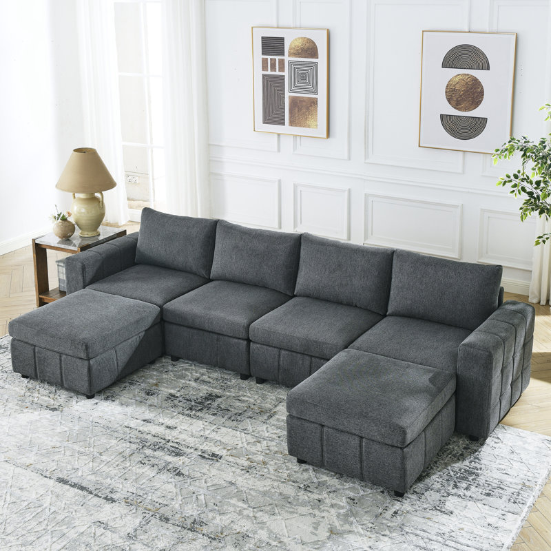 6 - Piece Upholstered Sectional, Gray Fabric