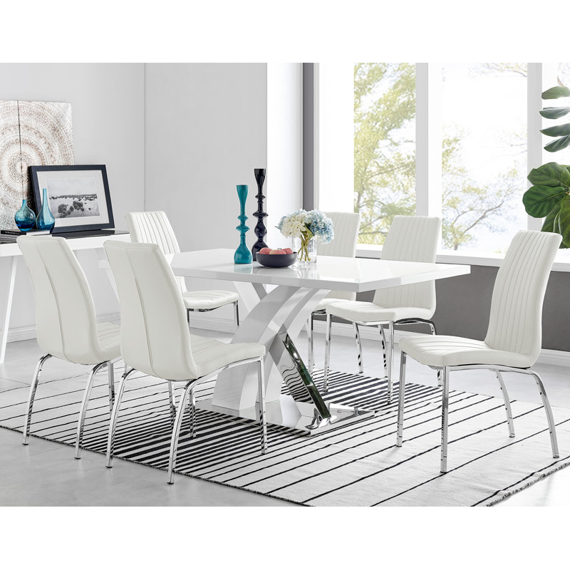 Edzard Chrome & White High Gloss Dining Table Set with 6 Luxury Faux Leather Dining Chairs, White