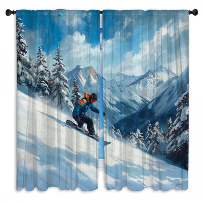 Snowy Mountain Skiing Window Curtains  Skiing Sheer & Room Darkening - 2 Panels