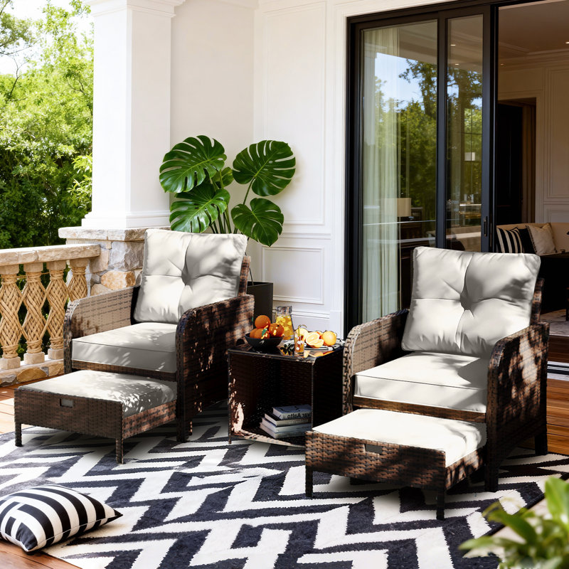 5-Piece Wicker Patio Conversation Set Outdoor Seating Group with Table and White Cushions, White