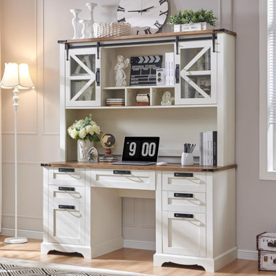 Hirth 60"W Farmhouse Desk With Hutch, Wood Executive Desk With Sliding Barn Doors, 2 Storage Cabinet