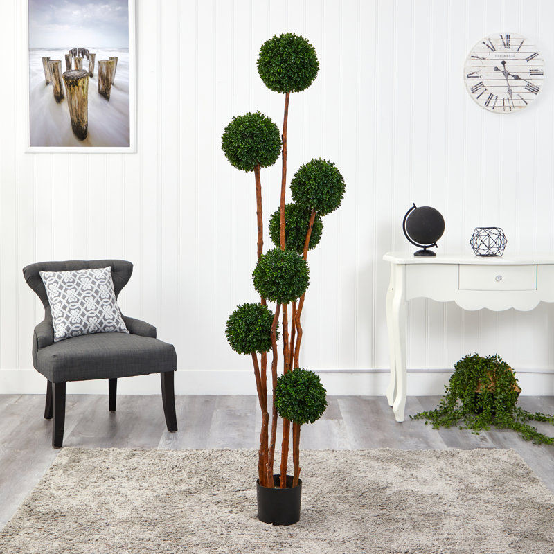 6 pi Arbre topiaire artificiel en buis avec tronc naturel résistant aux rayons UV (intérieur / extérieur)