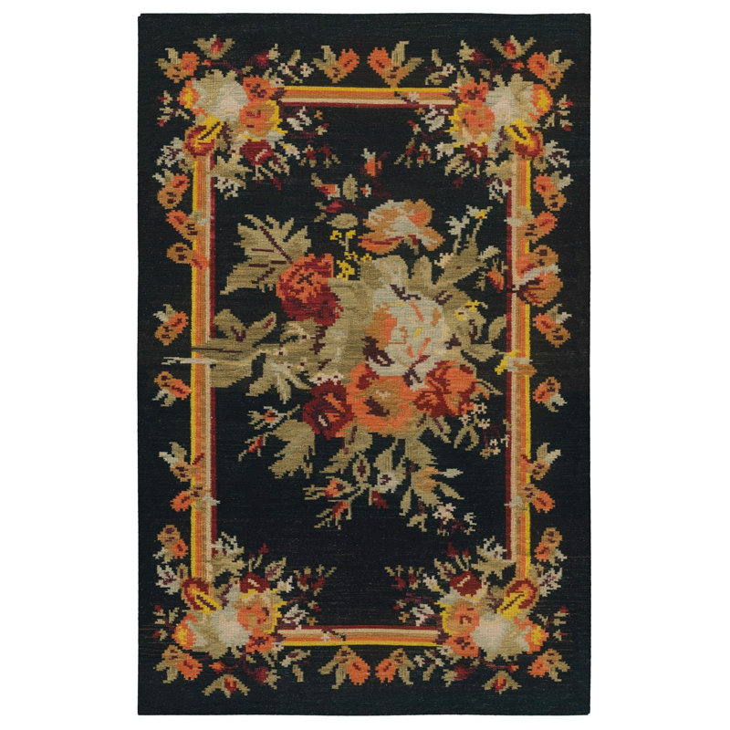 Tapis noir à motif floral Karabagh, Rectangle 3 pi 3 po x 4 pi 11 po