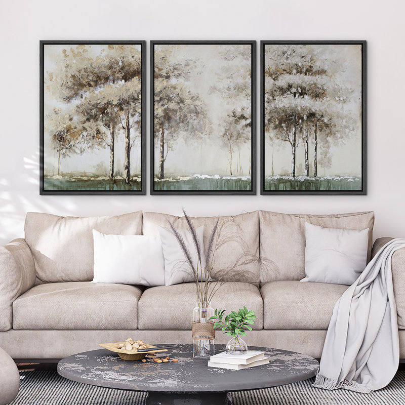 Grunge Tan Brown Forest Tree Country Landscape Rustic Scenic Wall Art Framed Canvas 3 Pieces Print, Noir