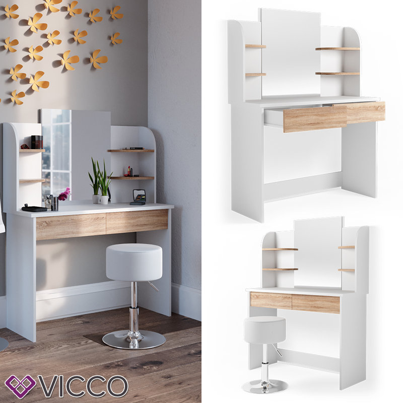 Kiraz Dressing Table with Mirror, White/Beige