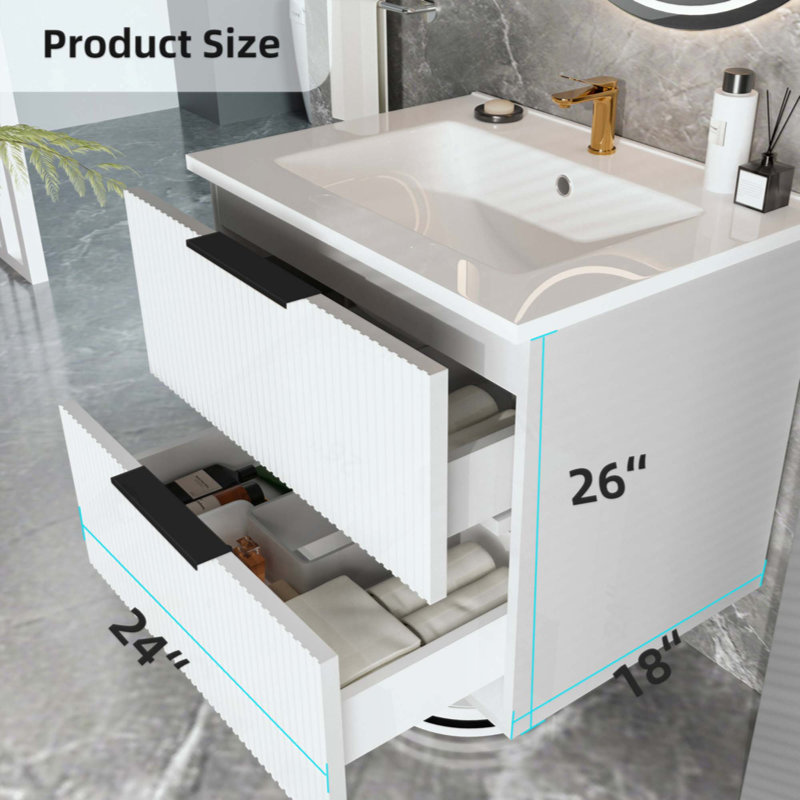 Bathroom Vanity Cabinet With Ceramic Sink  Wall Mounted Floating Fluted Vanity With Drawers, Modern, 24"