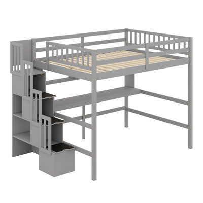 Lit mezzanine avec bureau, tablettes de rangement et escalier