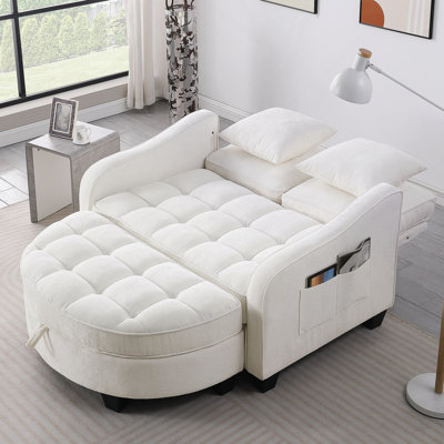 Canapé beige à deux places avec accoudoirs irréguliers, méridienne et repose-pieds de rangement pour le salon et la chambre à coucher