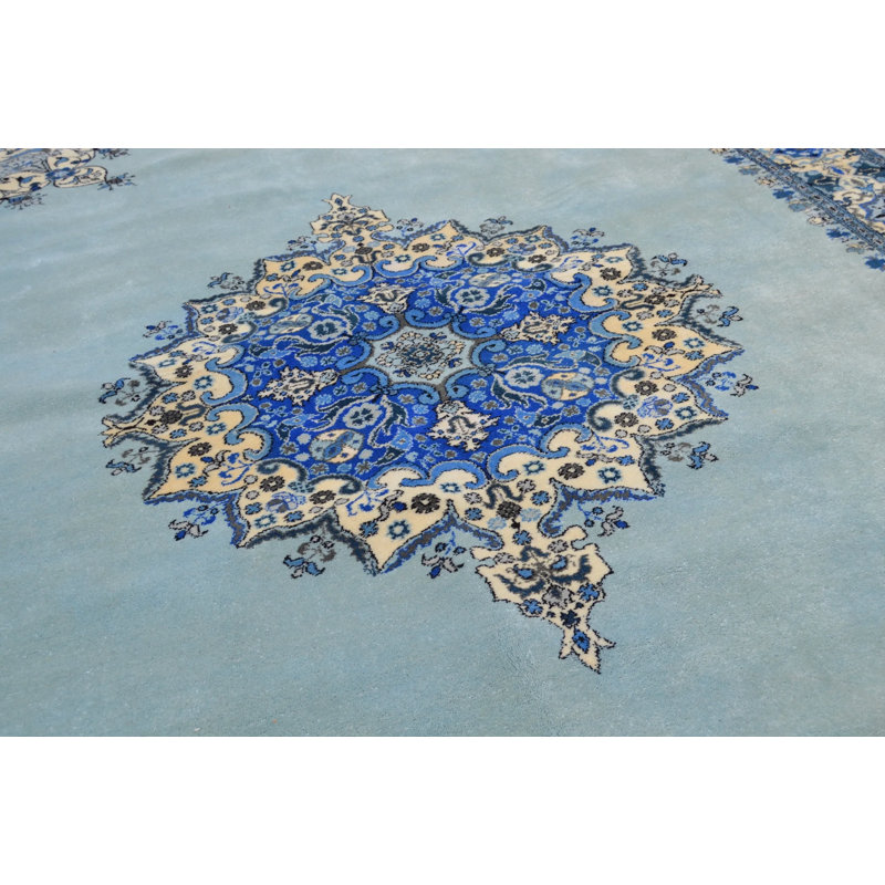 Tapis unique bleu, beige et gris de 6 pi 9 po x 10 pi années 1990