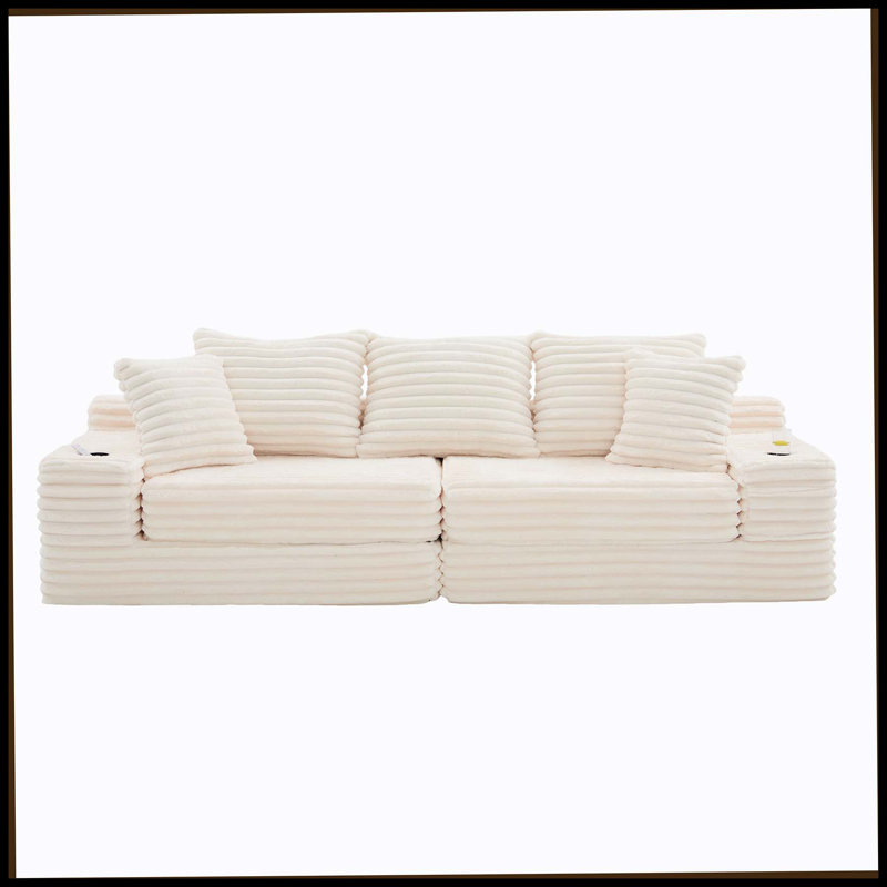 Très grand canapé sans siège à quatre places avec porte-gobelet et poches latérales, canapé-lit rembourré en velours côtelé avec 3 coussins, 2 coussins lombaires. Salon, chambre à coucher, sans assemblage, matériau respirant