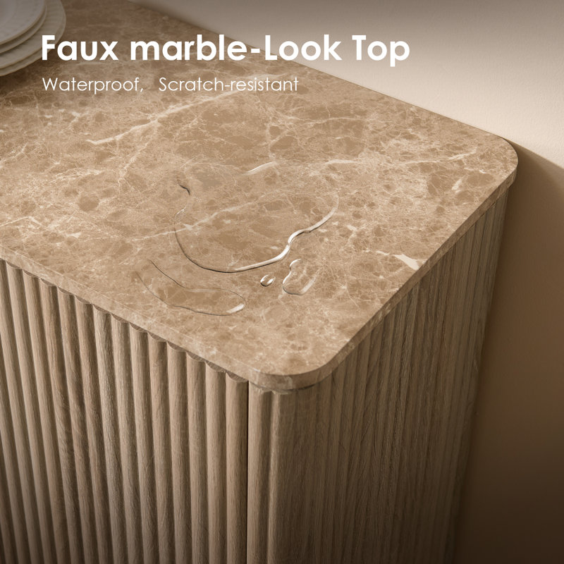 34.4"W Fluted Sideboard with Faux Marble Top & 1.97" Thick Side Panels, 2-Door Buffet Cabinet, Oak