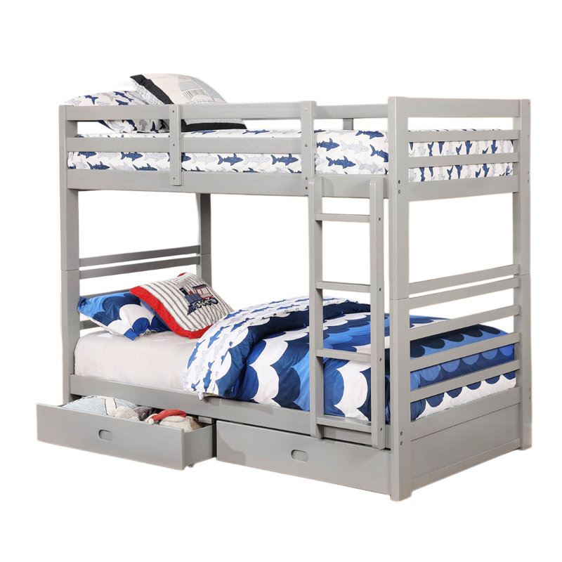 Lit simple superposé transitionnel moderne avec deux tiroirs et une finition grise attachée en bois massif 10 pièces Lattes de couleur, dessous pour le rangement
