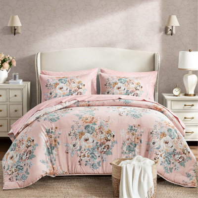 Édredon 7 pièces à motif floral grand rose avec ambiance rétro, rembourrage 200 g / m² pour toutes les saisons, conception réversible, microfibre lisse, garniture de bride, ensemble de lit complet, nuits douillettes, bords ultra doux,
