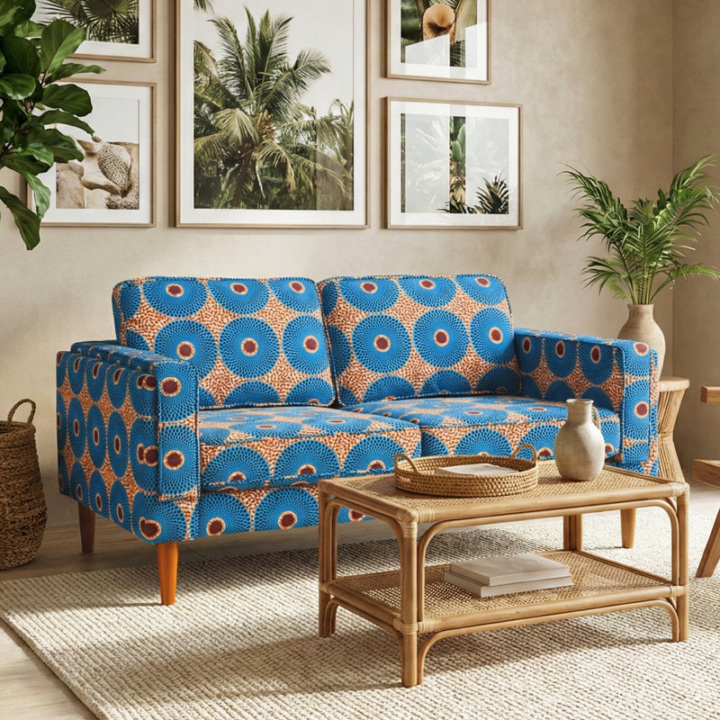 Mid-Century Modern Upholstered Sofa, Bold Blue & Orange Geometric Circle Print Fabric, Solid Wood Legs, Compact Living Room Accent Sofa(2-Seat)