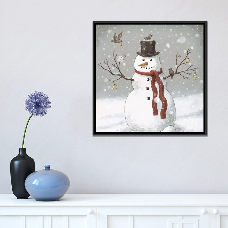 « Christmas Snowman », reproduction d'art sur toile tendue, H 18 po x l 18 po x P 1,5 po, Toile avec cadre noir, Pas de tapis