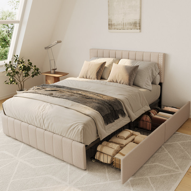 Masad Upholstered Platform Drawer Storage Bed with Adjustable Headboard, Full, Beige