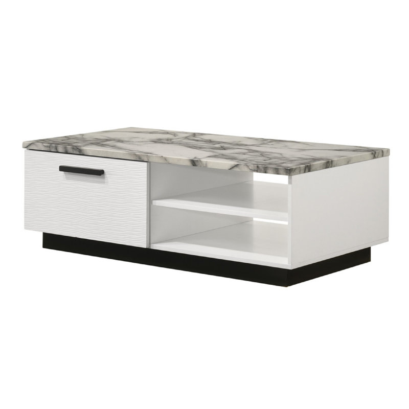 Table basse Sda, plateau en faux marbre de 47 po, tiroir et 2 tablettes, blanc