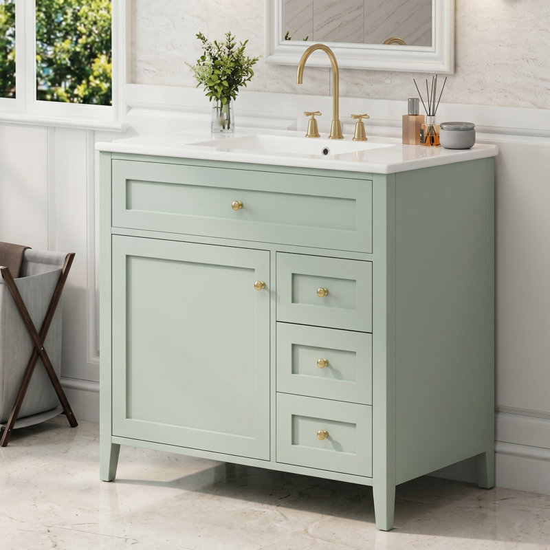 36" Freestanding Bathroom Storage With Sink, Modern MDF-Rubberwood Cabinet, Sink Is Included., Green
