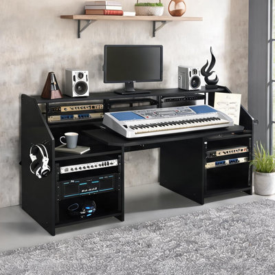 Bureau de musique rectangulaire noir élégant avec support pour écouteurs et 6 tablettes de rangement pour un usage en studio